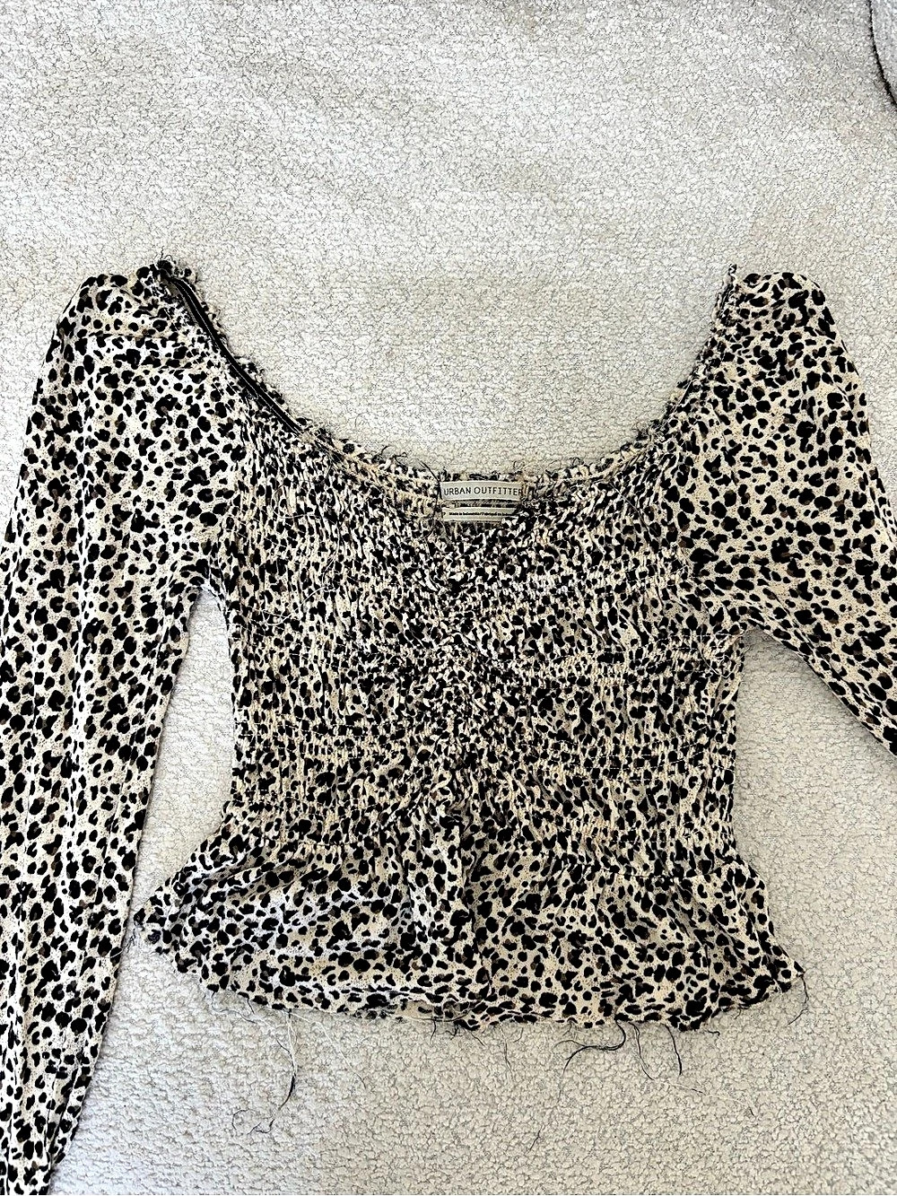 Urban Outfitters Leopard Smocked Long Sleeve Crop Top